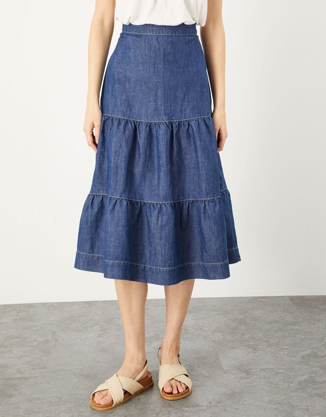 Hemp Denim Tiered Midi Skirt, Blue (DENIM BLUE), large