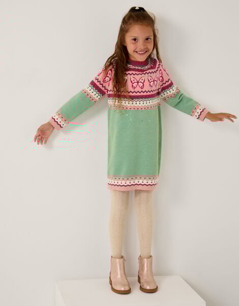 Butterfly Fair Isle Jumper Dress, Green (GREEN), large
