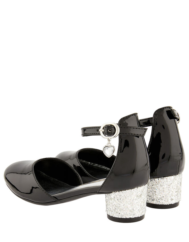 Heart Charm Patent Two-Part Heeled Shoes, Black (BLACK), large