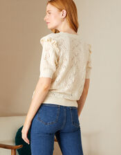 Pointelle Pattern Short Sleeve Cardigan, Ivory (IVORY), large