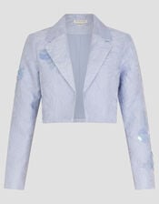 Faye Hand-Beaded Jacquard Cropped Bridal Jacket, Blue (PALE BLUE), large