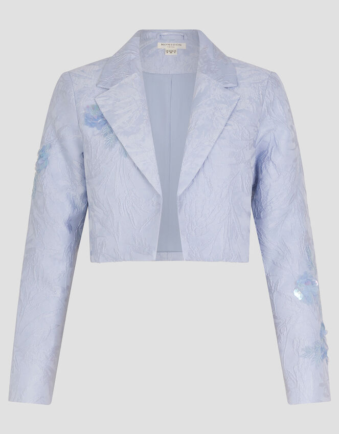 Faye Hand-Beaded Jacquard Cropped Bridal Jacket, Blue (PALE BLUE), large