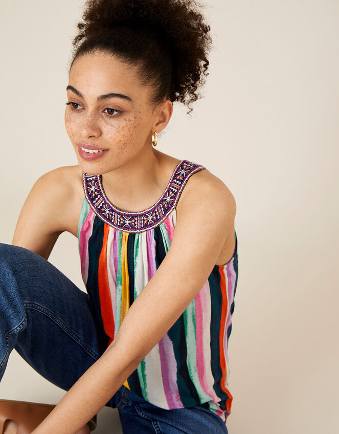 Embroidered Neck Stripe Cami, Blue (NAVY), large