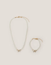 Jewel Bow Pearl Necklace & Bracelet Set, , large