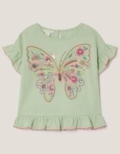 Butterfly Embellished Frill T-Shirt, Green (GREEN), large