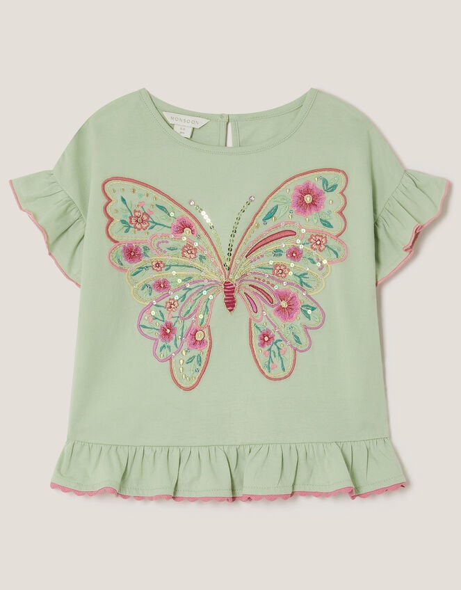 Butterfly Embellished Frill T-Shirt, Green (GREEN), large