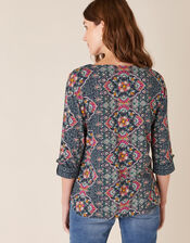 Paisley Floral Top with Linen and Organic Cotton, Blue (BLUE), large