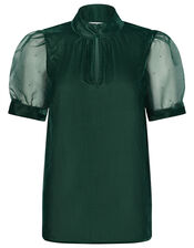 Organza Sleeve Velvet Top, Green (DARK GREEN), large