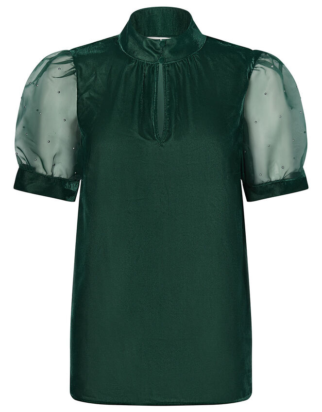 Organza Sleeve Velvet Top, Green (DARK GREEN), large