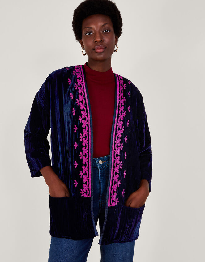 jury januar jury Leah Embroidered Velvet Kimono Blue | Women's Jackets | Monsoon US.