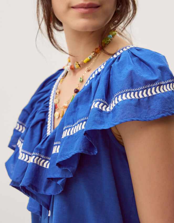 Fenn Embroidered Ruffle Jersey Top, Blue (COBALT), large