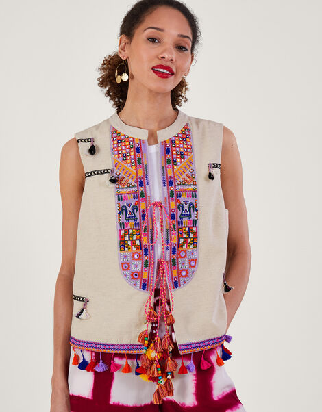 Embroidered Statement Tassel Waistcoat, , large
