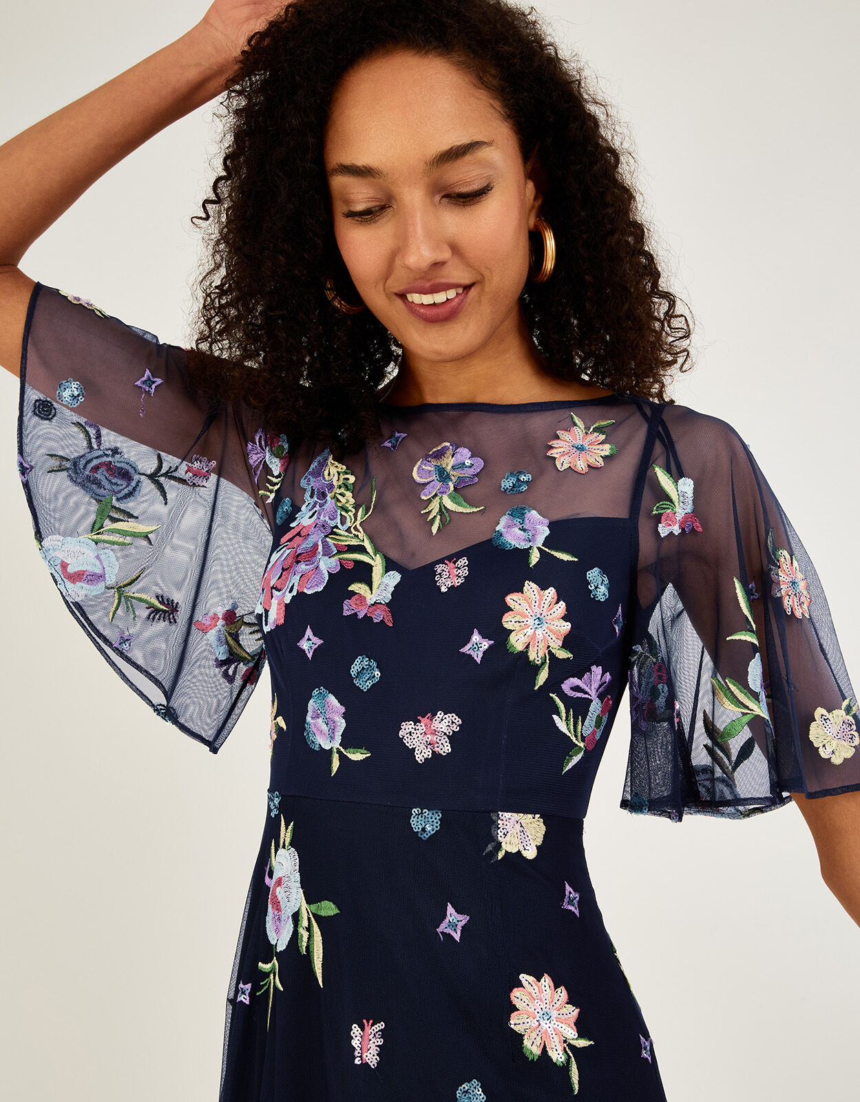 Paula Embellished Midi Dress in Recycled Polyester Blue