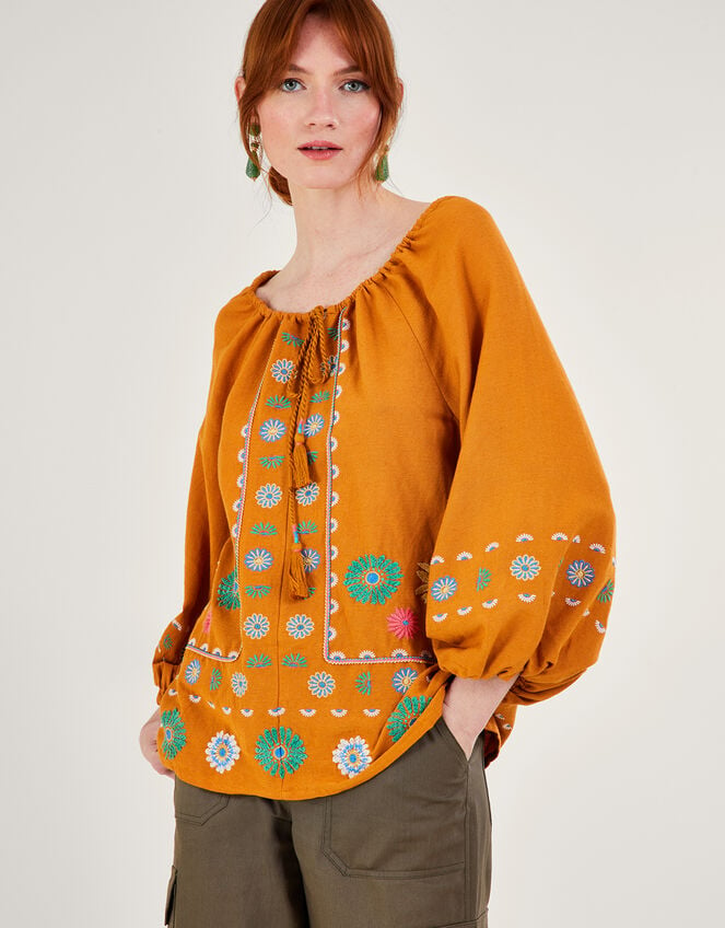 Embroidered Flower Tunic Top in Linen Blend Yellow | Tops & T-shirts ...