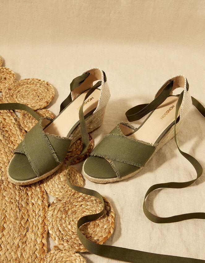 Tie Up Espadrille Wedges, Green (KHAKI), large