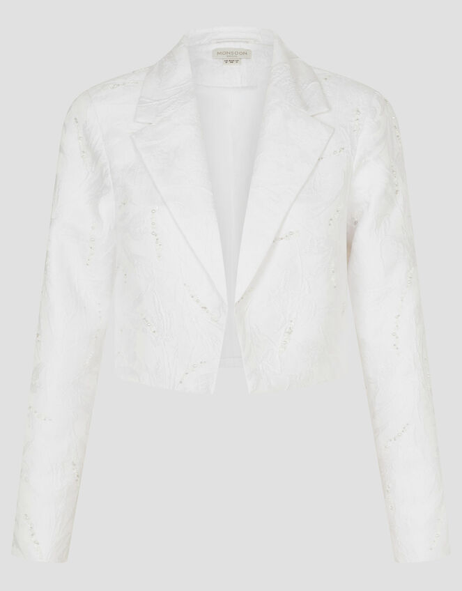 Faye Hand-Beaded Jacquard Cropped Bridal Jacket, Ivory (IVORY), large