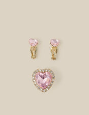 Jewel Heart Clip-On Earrings & Ring Set, , large