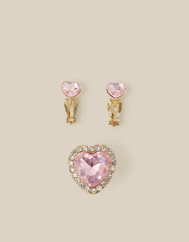 Jewel Heart Clip-On Earrings & Ring Set, , large
