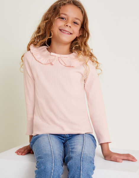 Satin Collar Long Sleeve Rib Top, Pink (PINK), large