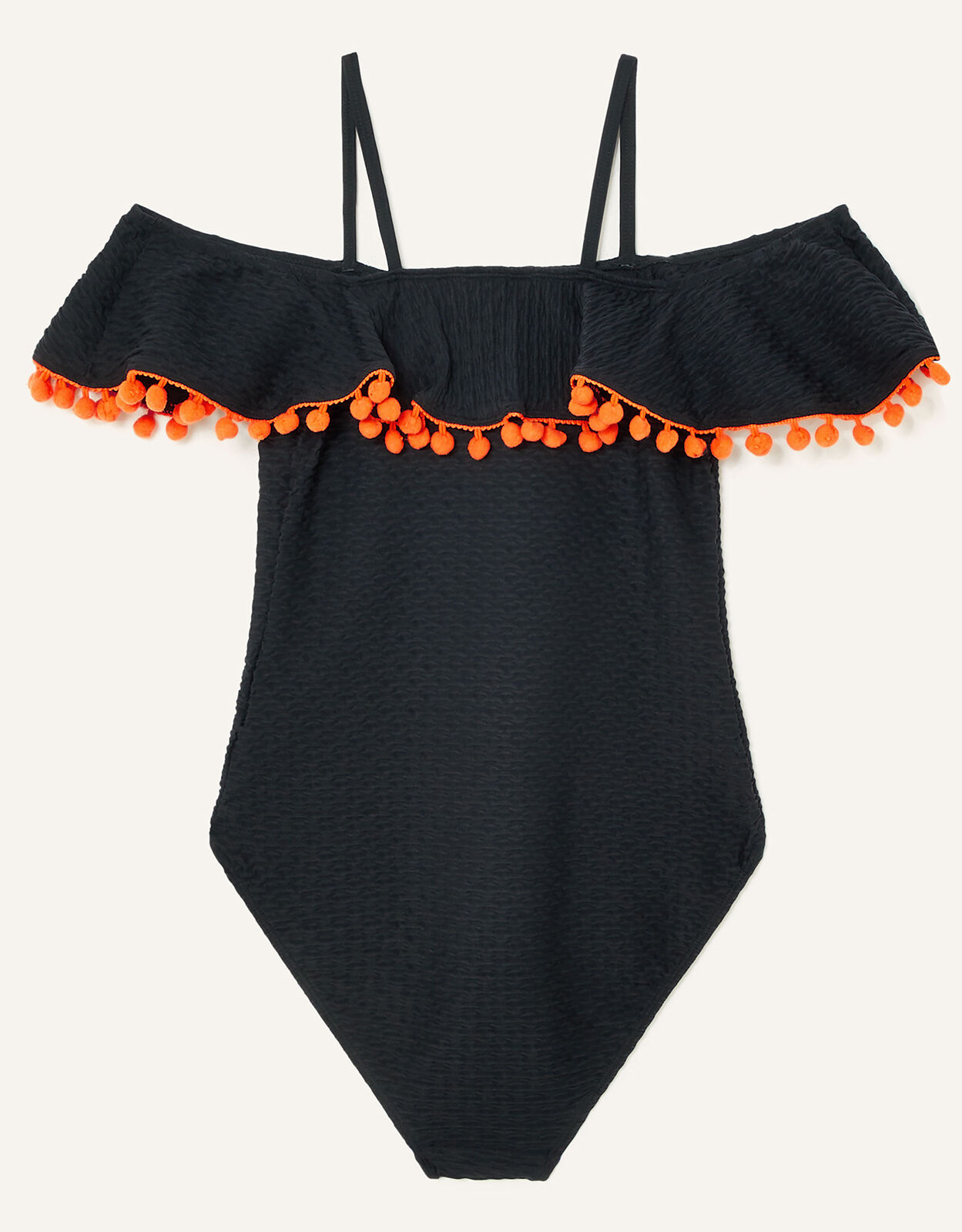 Textured Bardot Pom Pom Swimsuit Black