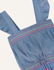 Chambray Frill Shoulder Playsuit, Blue (BLUE), large