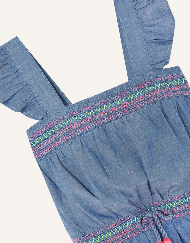 Chambray Frill Shoulder Playsuit, Blue (BLUE), large