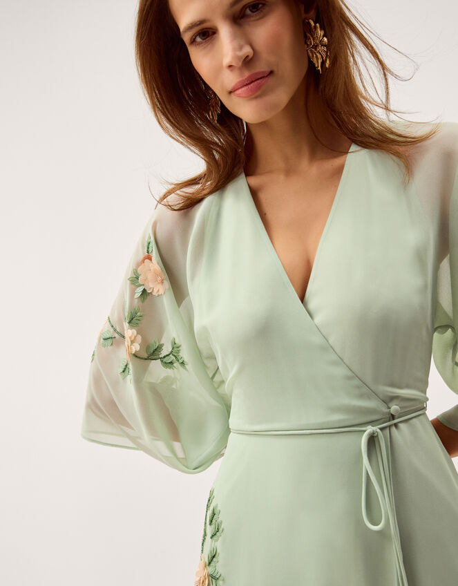 Clara Floral Embellished Midi Wrap Dress, Green (SAGE), large