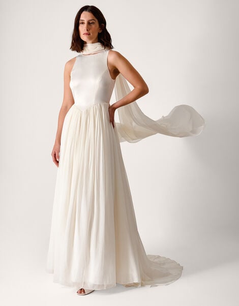 Margo Drop Waist Wedding Dress & Scarf, Ivory (IVORY), large