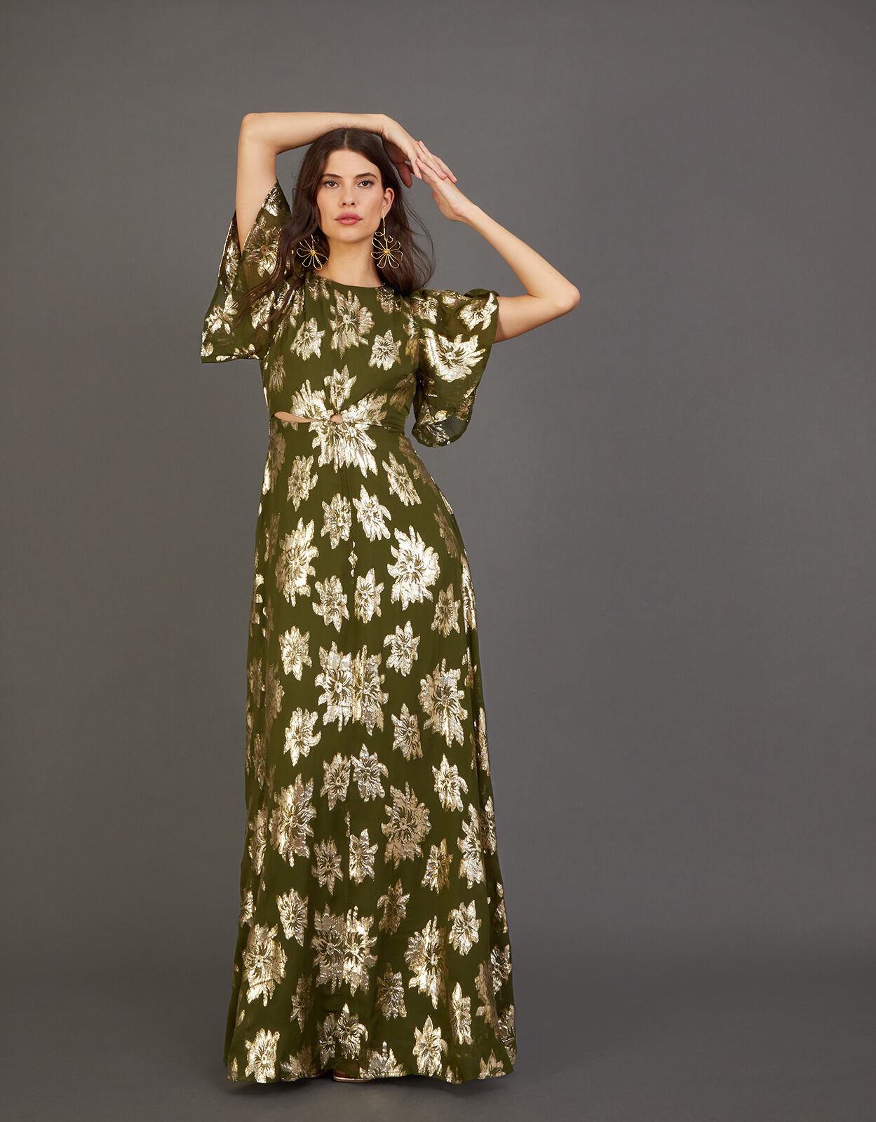 Metallic maxi store dress with sleeves