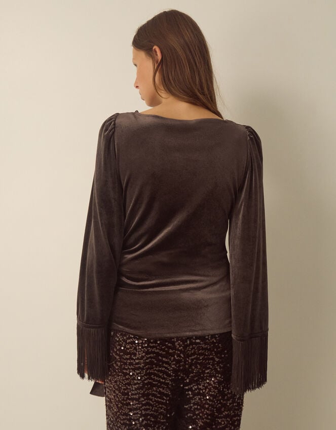 Tamara Tie Side Fringe Velvet Top, Brown (CHOCOLATE), large