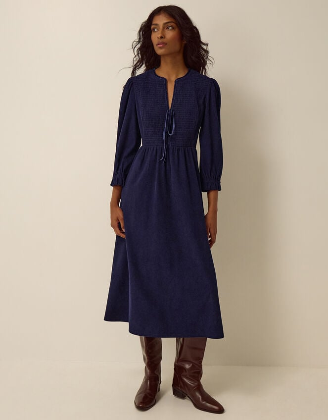 Sara Smocked Corduroy Midi Dress, Blue (MIDNIGHT), large