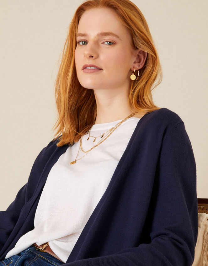 Plain Midi Cardigan with Button Detail Pockets, Blue (NAVY), large