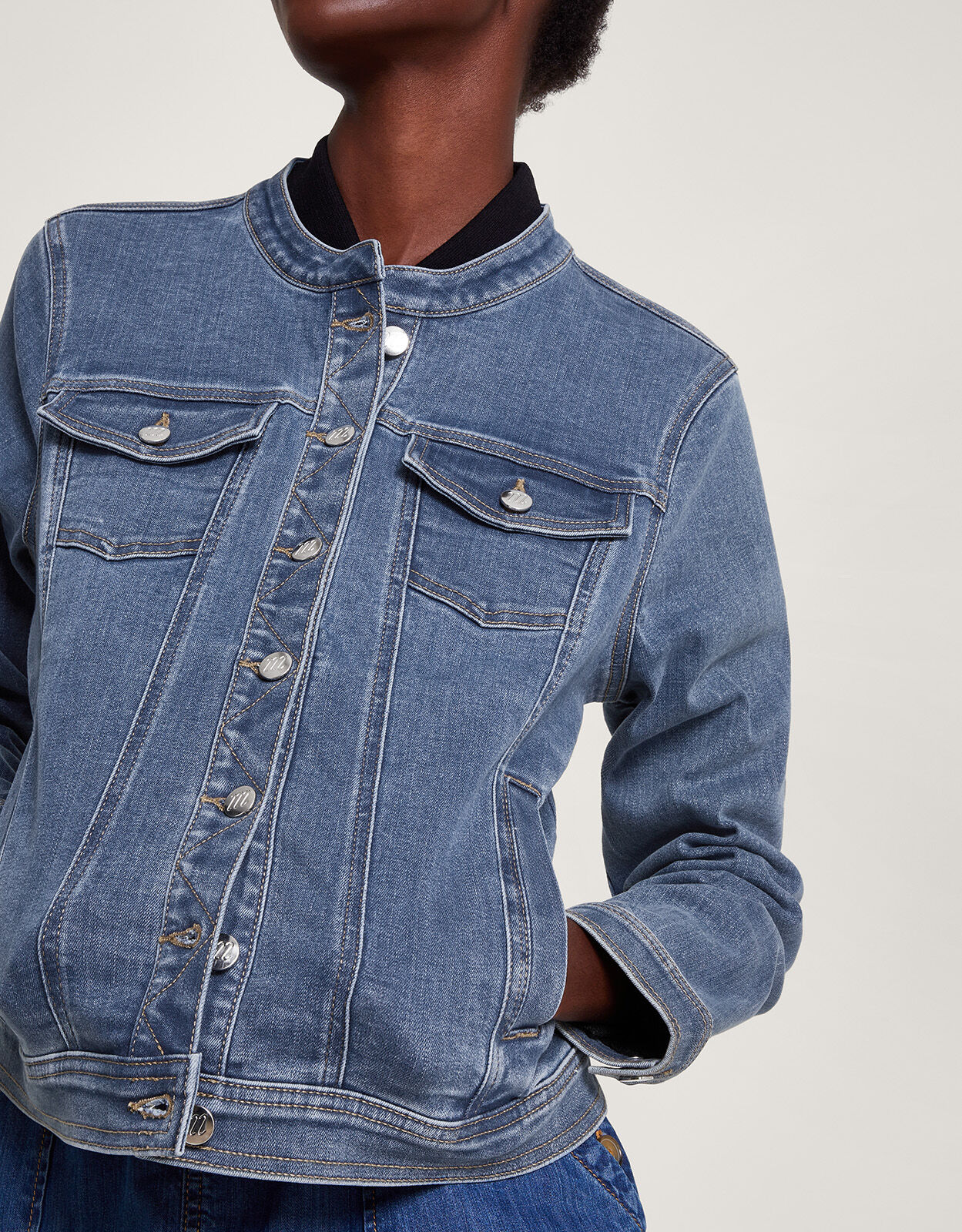 Ladies collarless on sale denim jacket