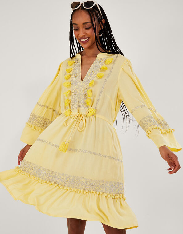 Embroidered Pom-Pom Kaftan Dress in LENZING™ ECOVERO™ , Yellow (YELLOW), large