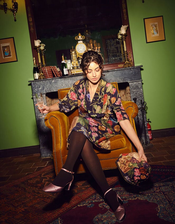 One Hundred Stars Primula Print Midi Dress, Black (BLACK), large