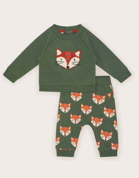 Newborn Fox Sweatshirt and Joggers Set, Green (KHAKI), large