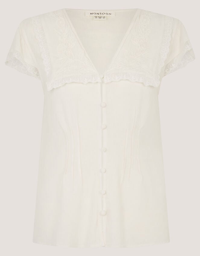 Frannie Square Collar Linen Blend Top, Ivory (IVORY), large