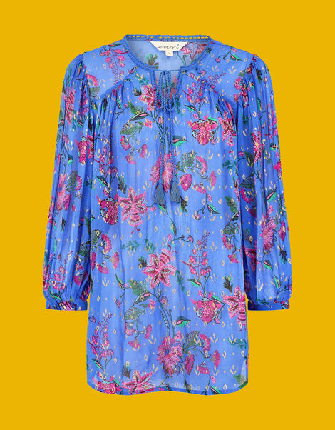 East Harriet Floral Foil Print Top  Blue, Blue (BLUE), large
