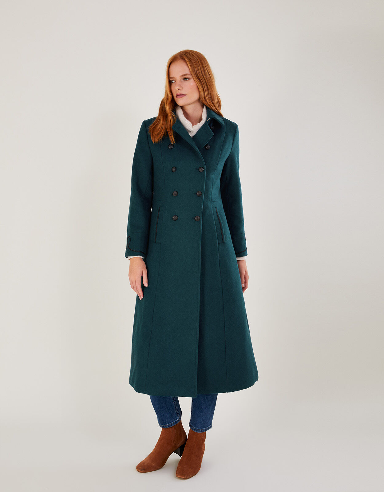Minnie Military Long Coat in Wool Blend Teal