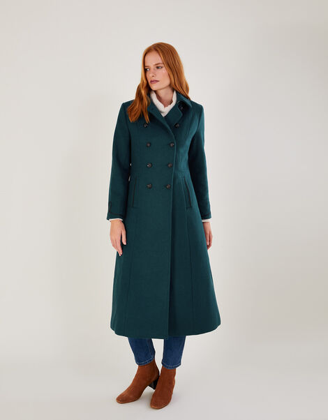 Minnie Military Long Coat in Wool Blend Teal, Teal (TEAL), large