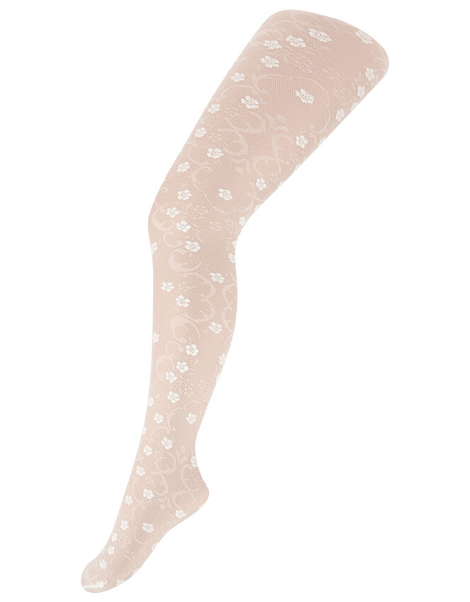 Girls Flower Lacy Baroque Tights, Ivory (IVORY), large