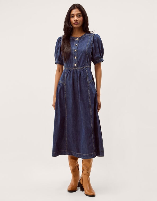 Eliza Puff Sleeve Denim Midi Dress, Blue (MID AUTHENTIC BLUE), large