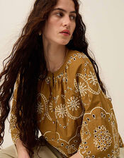 East Leni Floral Broderie Cotton Poplin Top, Green (OLIVE), large