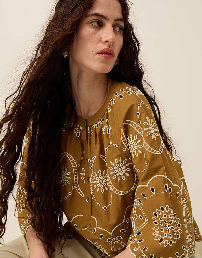 East Leni Floral Broderie Cotton Poplin Top, Green (OLIVE), large