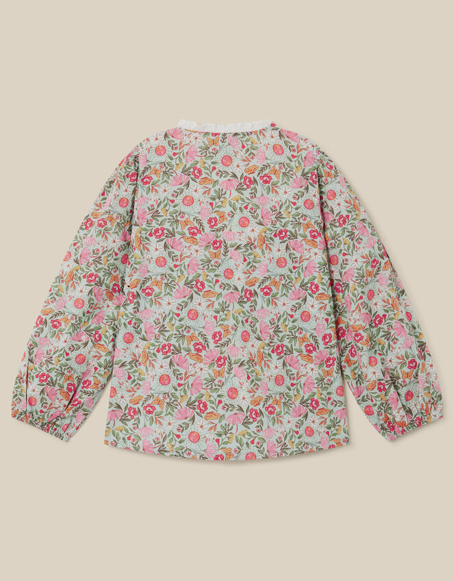 Floral Print Scallop Cotton Blouse, Green (GREEN), large