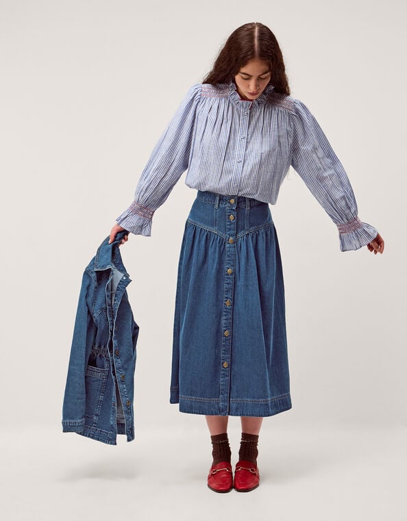 Tamsin Button Denim Midi Skirt , Blue (MID AUTHENTIC BLUE), large
