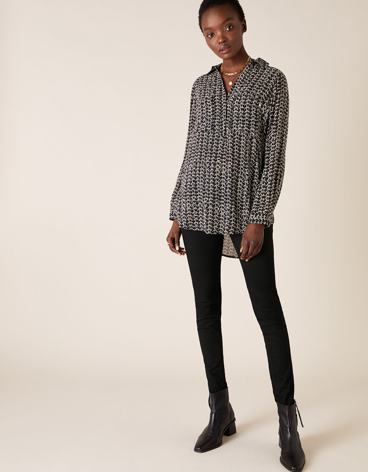 Printed Longline Shirt in Sustainable Viscose Black Tops T shirts Monsoon US