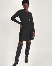 Tie Back Scallop Neck Dress, Black (BLACK), large