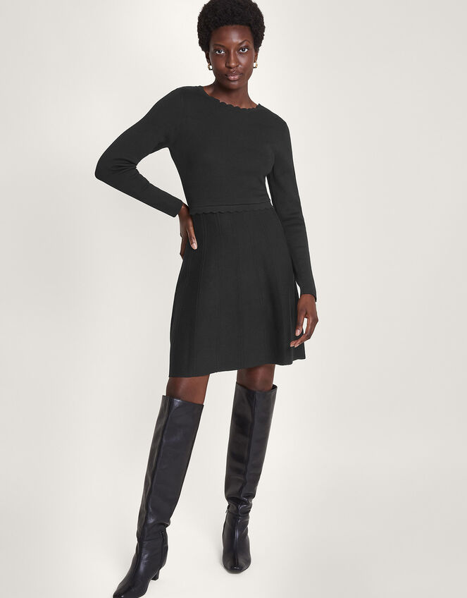 Tie Back Scallop Neck Dress, Black (BLACK), large