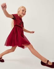 Diamanté Bow Tweed Party Dress, Red (RED), large